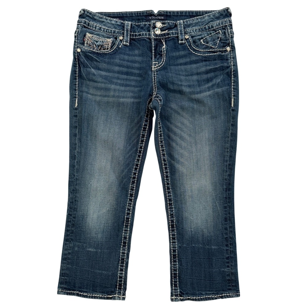 Vigoss Chelsea Crop Jeans Womens 7 Blue Denim Rhinestone Embroidered Capris Y2K